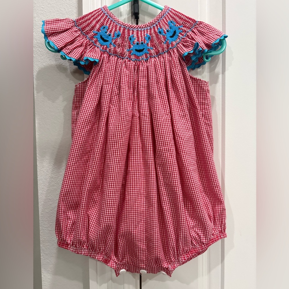 Mom & Me red and white gingham smocked bubble with blue crabs 9 months GUC